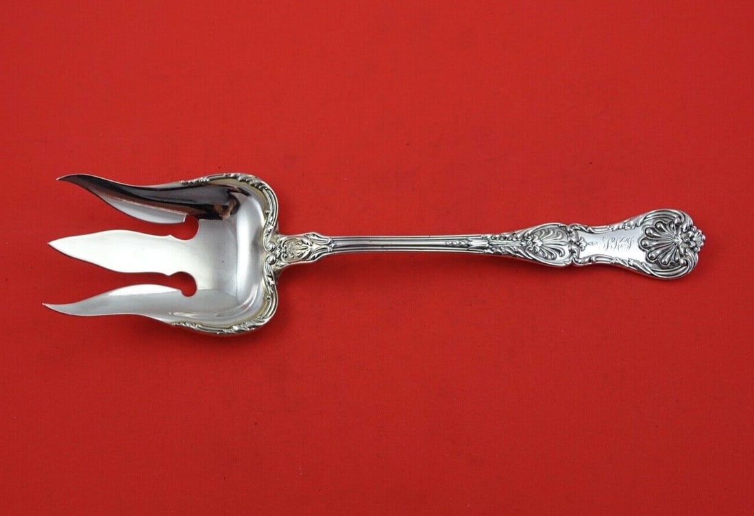 Gorham King George Sterling Silver Salad Serving Fork 10 1/2" 3-Tine: Gorham King George Sterling Silver Salad Serving Fork 10 1/2" 3-Tine This exquisite King George salad serving fork by Gorham features a classic 3-tine design, expertly crafted from sterling silver. Me