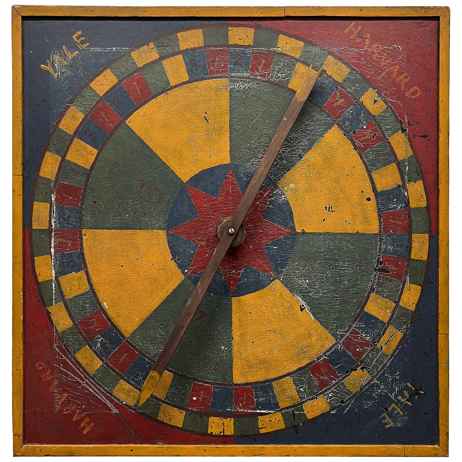 Antique Folk Art Yale vs Harvard Spinning Wheel Game Circa 1900: Antique Folk Art Yale vs Harvard Spinning Wheel Game Circa 1900 Discover a unique piece of American folk art with this "Yale vs. Harvard" spinning wheel game, crafted circa 1900. This hand-designed an