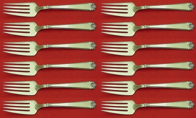Watson Sterling Silver 12-Piece Salad Fork Set George II Rex Pattern: Watson Sterling Silver 12-Piece Salad Fork Set George II Rex Pattern Elevate your dining experience with this exquisite 12-piece salad fork set from Watson, crafted in sterling silver. Each fork measu