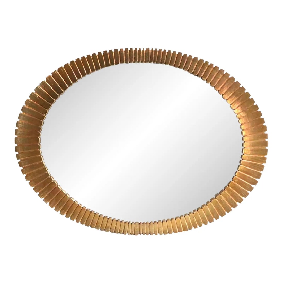 1970s Hollywood Regency Eyelash Mirror in Faux Gilt Finish: 1970s Hollywood Regency Eyelash Mirror in Faux Gilt Finish This elegant oval eyelash style wall mirror showcases a chic design with a faux gilt finish cast in plastic. Crafted in the USA during the 19