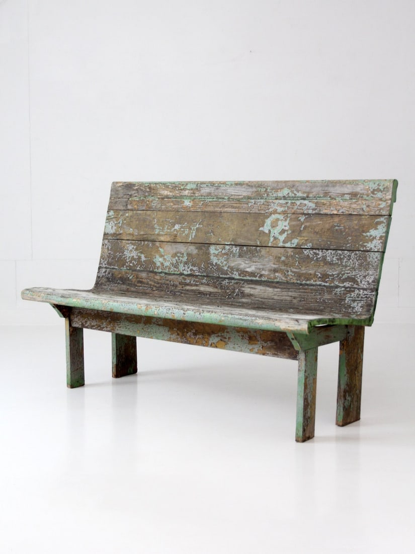 Early 20th Century Wide Plank Primitive Garden Bench With Aged Green Paint (1 of 15)