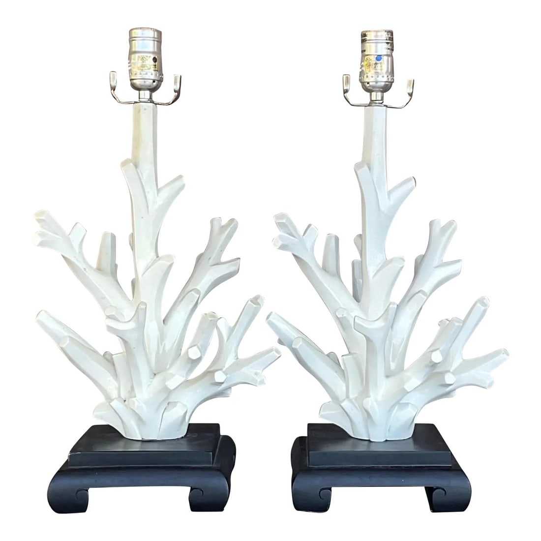 Pair of Vintage Coastal Coral Branch Wood Lamps in White: Pair of Vintage Coastal Coral Branch Wood Lamps in White Enhance your home decor with a touch of coastal elegance with this pair of Vintage Coastal Coral Branch Wood Lamps. Crafted with natural coral 