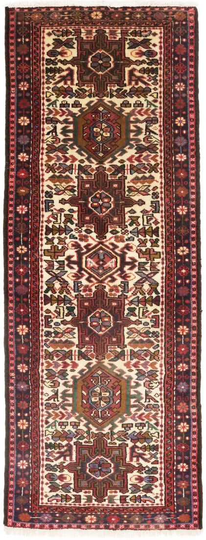 Vintage Wool Geometric Runner 2'4 x 6'3 Hand Knotted: Vintage Wool Geometric Runner 2'4 x 6'3 Hand Knotted Enhance your space with this stunning Hand-Knotted Geometric Tribal Runner Rug, a vintage narrow oriental carpet that boasts a unique blend of colo