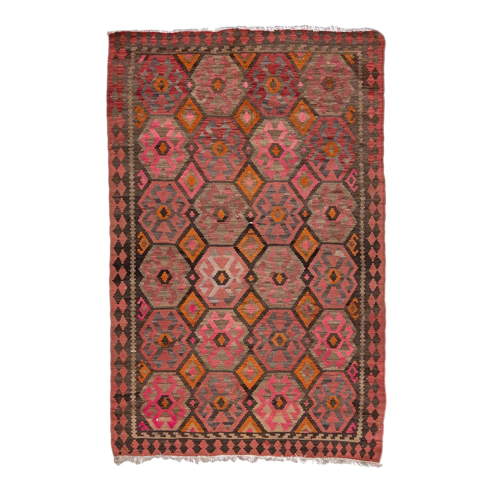 Mid-Century Turkish Kilim Pink Geometric Wool Rug 4'4 x 6'8: Mid-Century Turkish Kilim Pink Geometric Wool Rug 4'4 x 6'8 This exquisite Mid-20th Century Turkish Kilim rug showcases a stunning hand-knotted wool construction, featuring a vibrant pink field comple