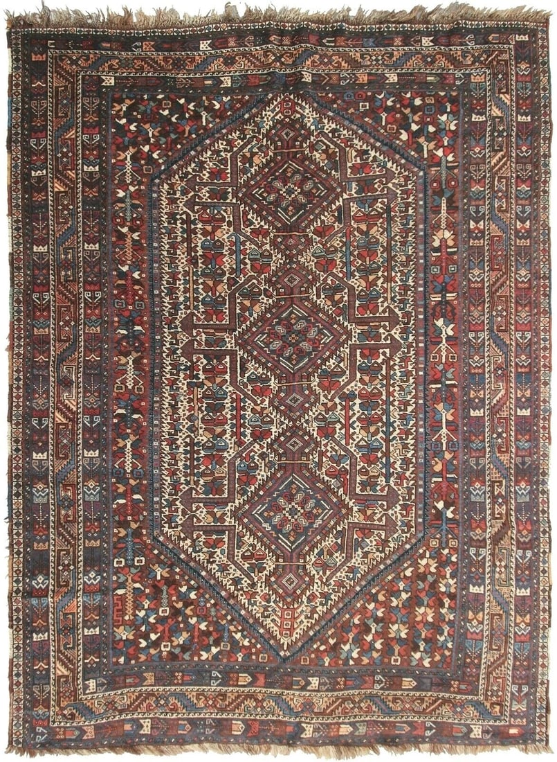 Antique Ghashghai Tribal Wool Area Rug 6x9 Geometric 189cm x 260cm (1 of 9)