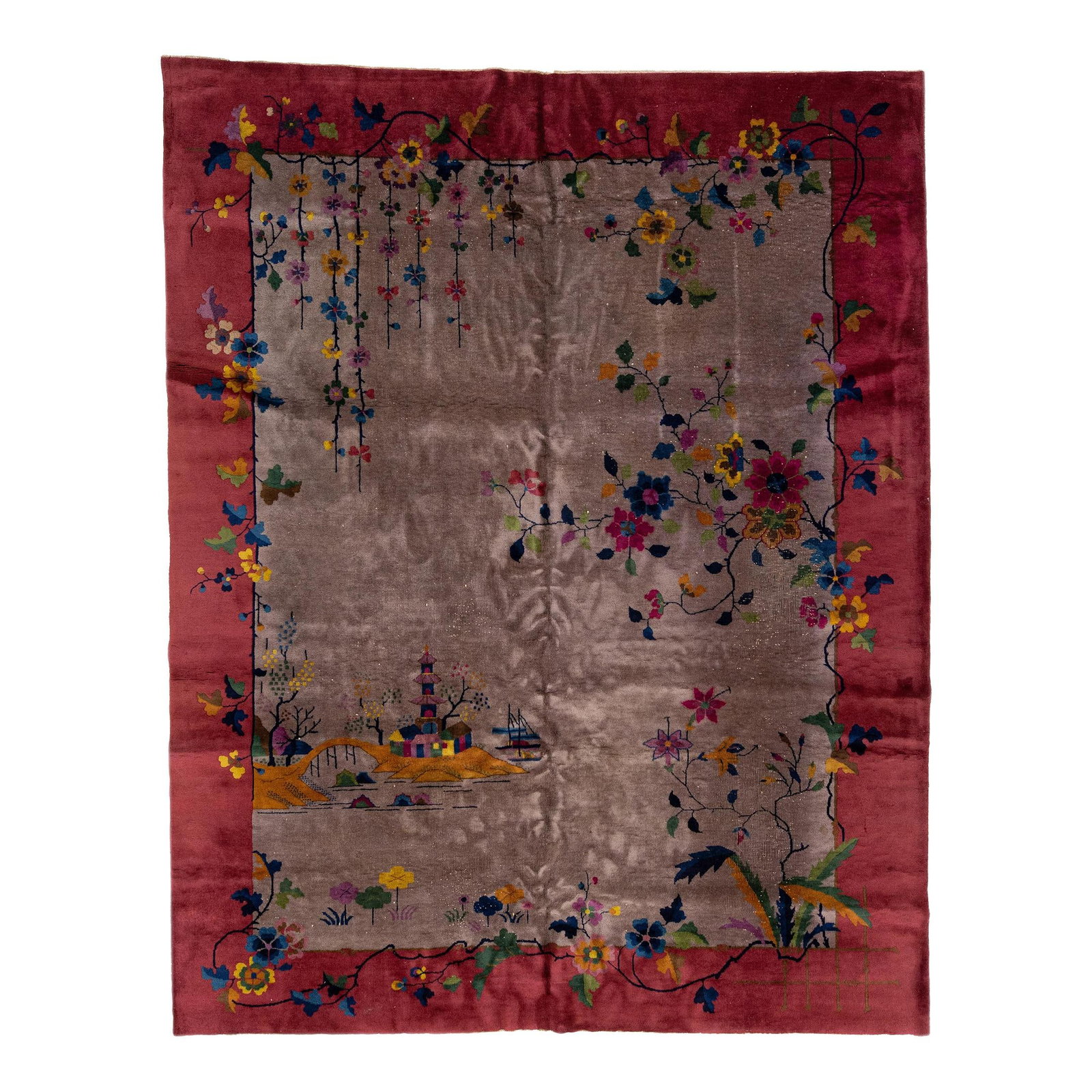1920s Antique Art Deco Chinese Handmade Wool Rug 9'1 x 11'7: 1920s Antique Art Deco Chinese Handmade Wool Rug 9'1 x 11'7 Discover the exquisite craftsmanship of this stunning antique Art Deco Chinese hand-knotted wool rug. It showcases a rich brown color field 