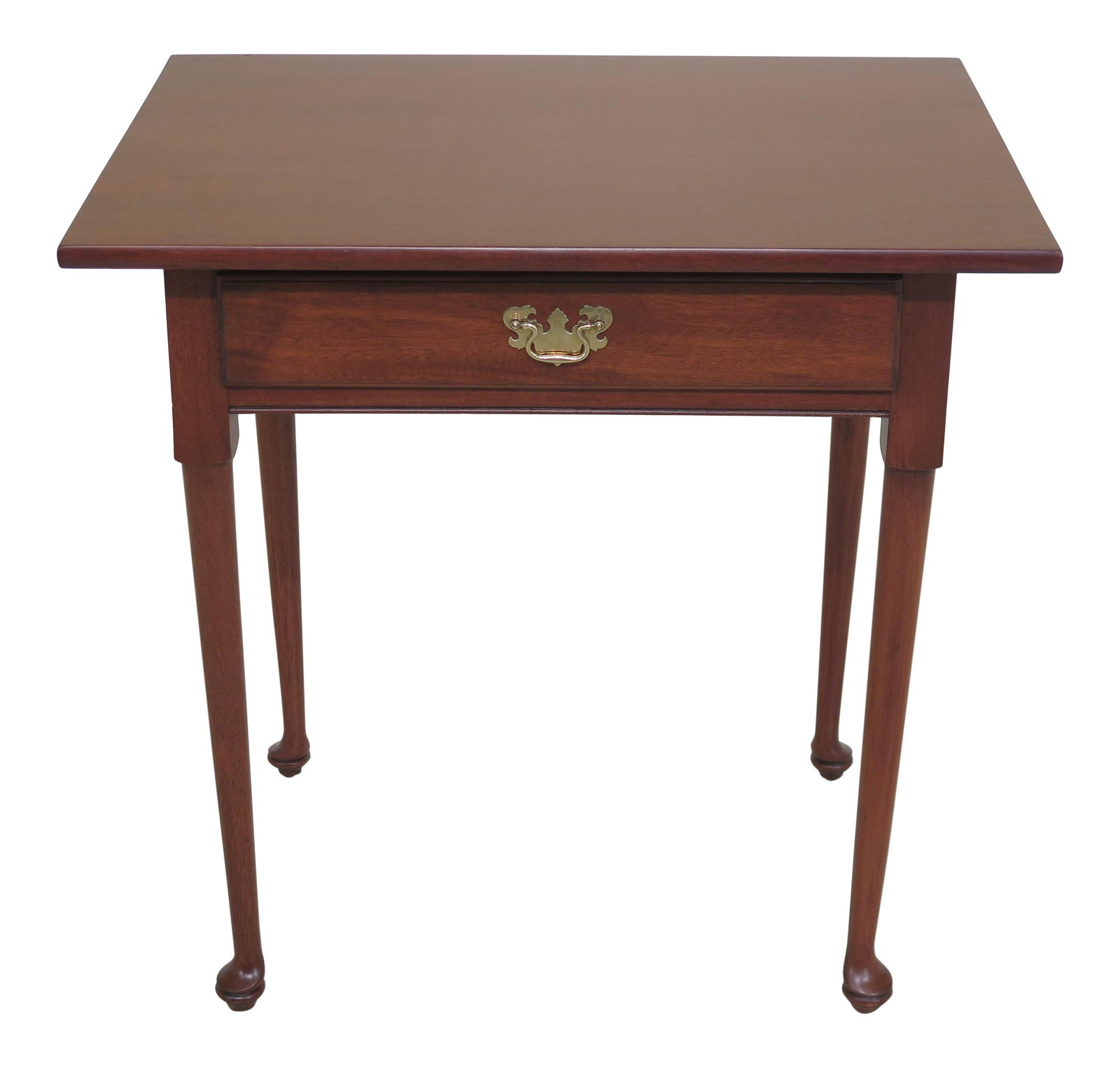 1980s Queen Anne Solid Mahogany Work Table with Brass Hardware: 1980s Queen Anne Solid Mahogany Work Table with Brass Hardware This elegant Queen Anne work table is crafted from solid mahogany and features a single dovetailed drawer for ample storage. Its design i