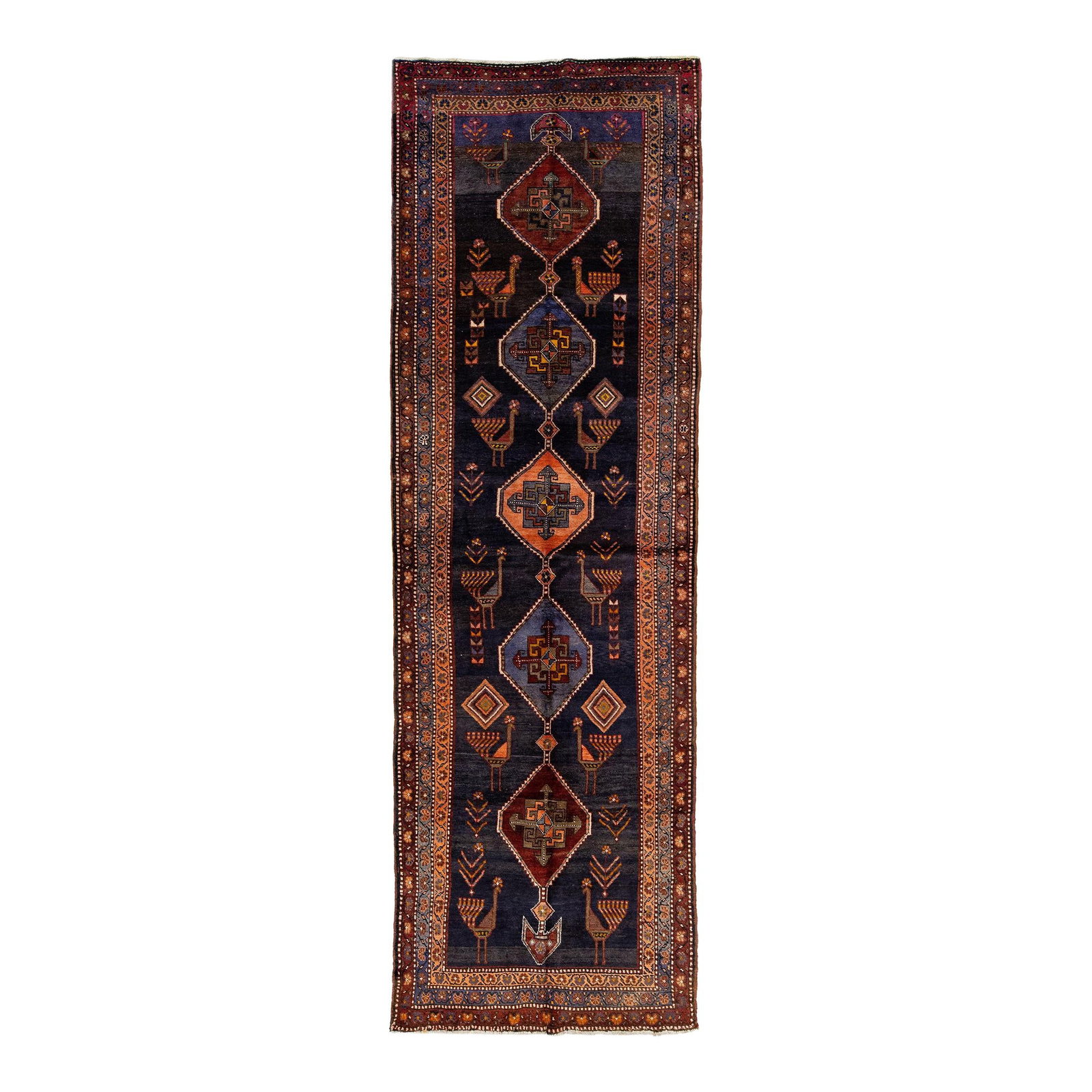 1960s Persian Bidjar Handmade Wool Runner Navy Blue Medallion: 1960s Persian Bidjar Handmade Wool Runner Navy Blue Medallion This exquisite vintage Persian Bidjar runner showcases a stunning hand-knotted wool construction, featuring a rich navy blue field adorned