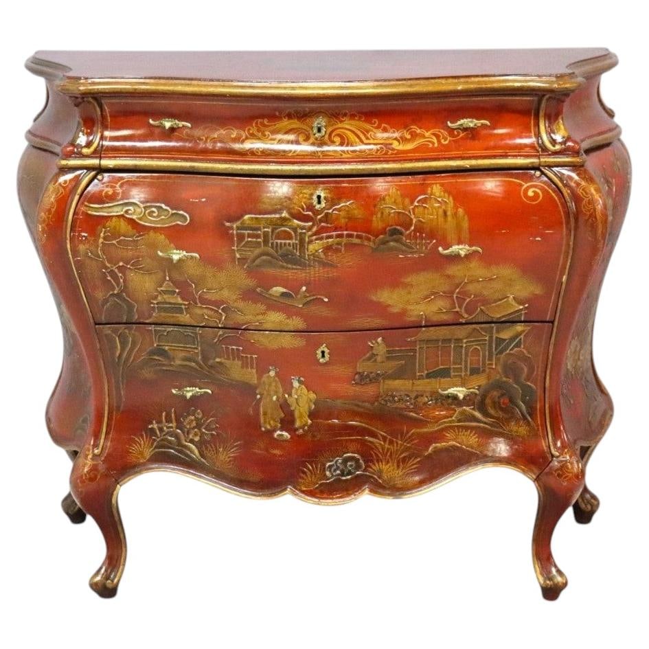 Red lacquer bombe chest with chinoiserie scenes 3 drawers c1920 (1 of 18)