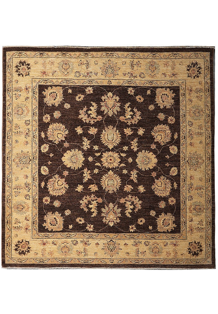 Handmade Ziglar Rug 74 x 81 in Chocolate Brown Fine Ghazni Wool Pakistan: Handmade Ziglar Rug 74 x 81 in Chocolate Brown Fine Ghazni Wool Pakistan Free continental US Shipping This 6.2 x 6.9 square handmade Ziglar rug features a rich chocolate brown color with accents of be