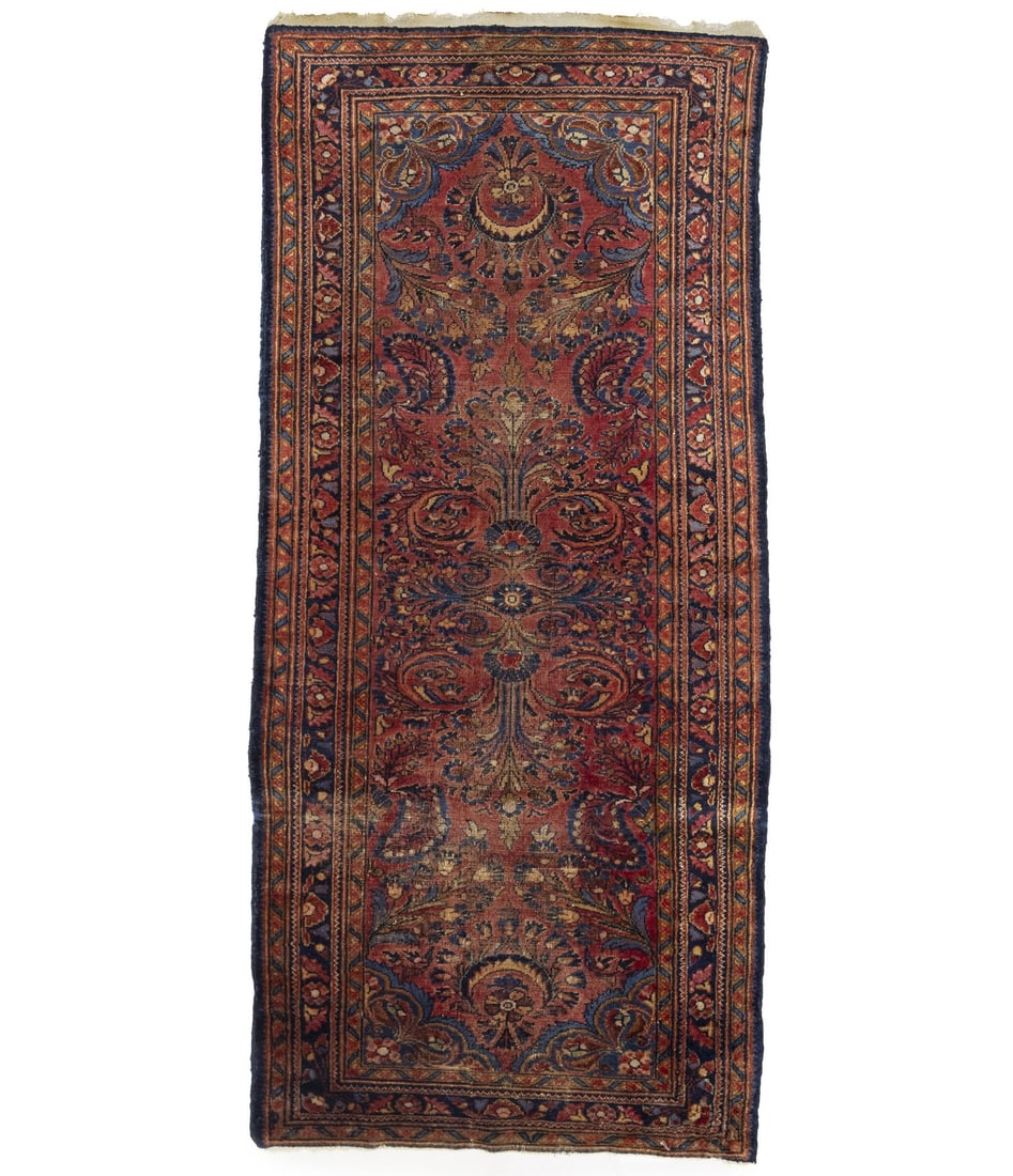 Hand-Knotted Wool Area Rug 3x7 Vintage Floral Pattern Rectangle: Hand-Knotted Wool Area Rug 3x7 Vintage Floral Pattern Rectangle This vintage hand-knotted Oriental rug features a floral pattern with muted colors, including red, purple-navy, gold, orange, and pink. 