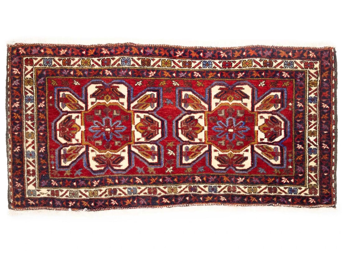 Vintage Tribal Wool Area Rug 2'1 x 4'4 Geometric Hand-Knotted Western Asia: Vintage Tribal Wool Area Rug 2'1 x 4'4 Geometric Hand-Knotted Western Asia This hand-knotted wool area rug features a tribal geometric design in a blend of red, cream, dark purple-navy, khaki, blue, b