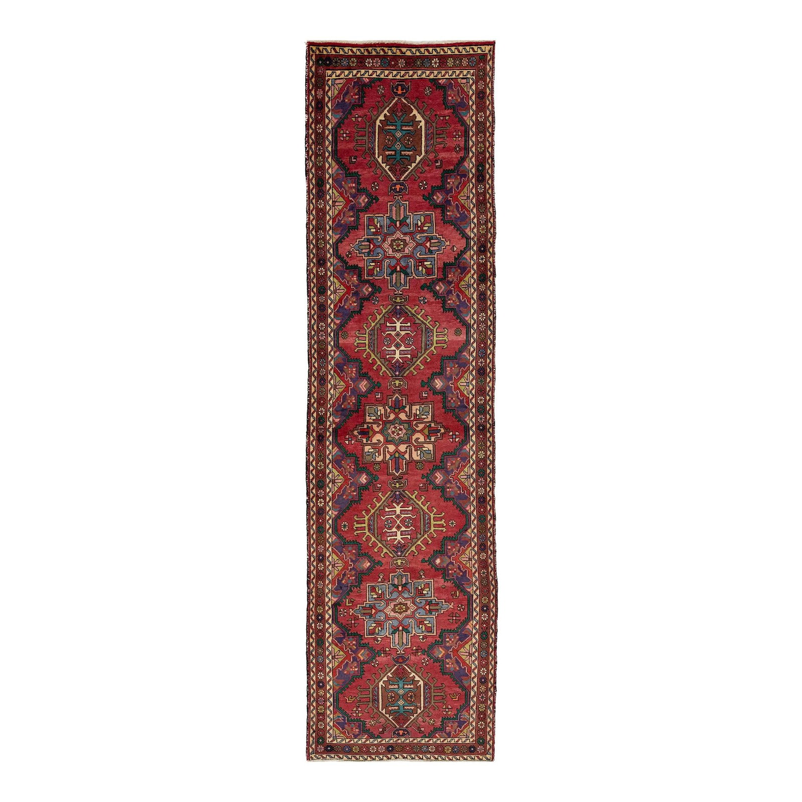 Vintage Handmade Red Heriz Wool Runner Rug 3'5 x 12'8: Vintage Handmade Red Heriz Wool Runner Rug 3'5 x 12'8 Enhance your space with this stunning vintage hand-knotted wool runner rug, showcasing a vibrant red field embellished with intricate geometric mu