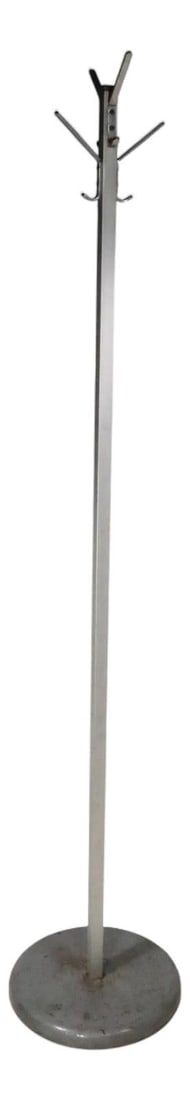 Aluminum and Steel Four-Arm Industrial Hall Tree with Eight Hooks: Aluminum and Steel Four-Arm Industrial Hall Tree with Eight Hooks This late 20th century industrial coat tree features a squared vertical aluminum post with four arms, each equipped with two hooks for