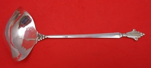 Georg Jensen Acanthus Sterling Silver Gravy Ladle 2 Spouts 7 7/8": Georg Jensen Acanthus Sterling Silver Gravy Ladle 2 Spouts 7 7/8" This exquisite gravy ladle, part of the Acanthus pattern by Georg Jensen, showcases the elegance of early 20th-century design. Crafted