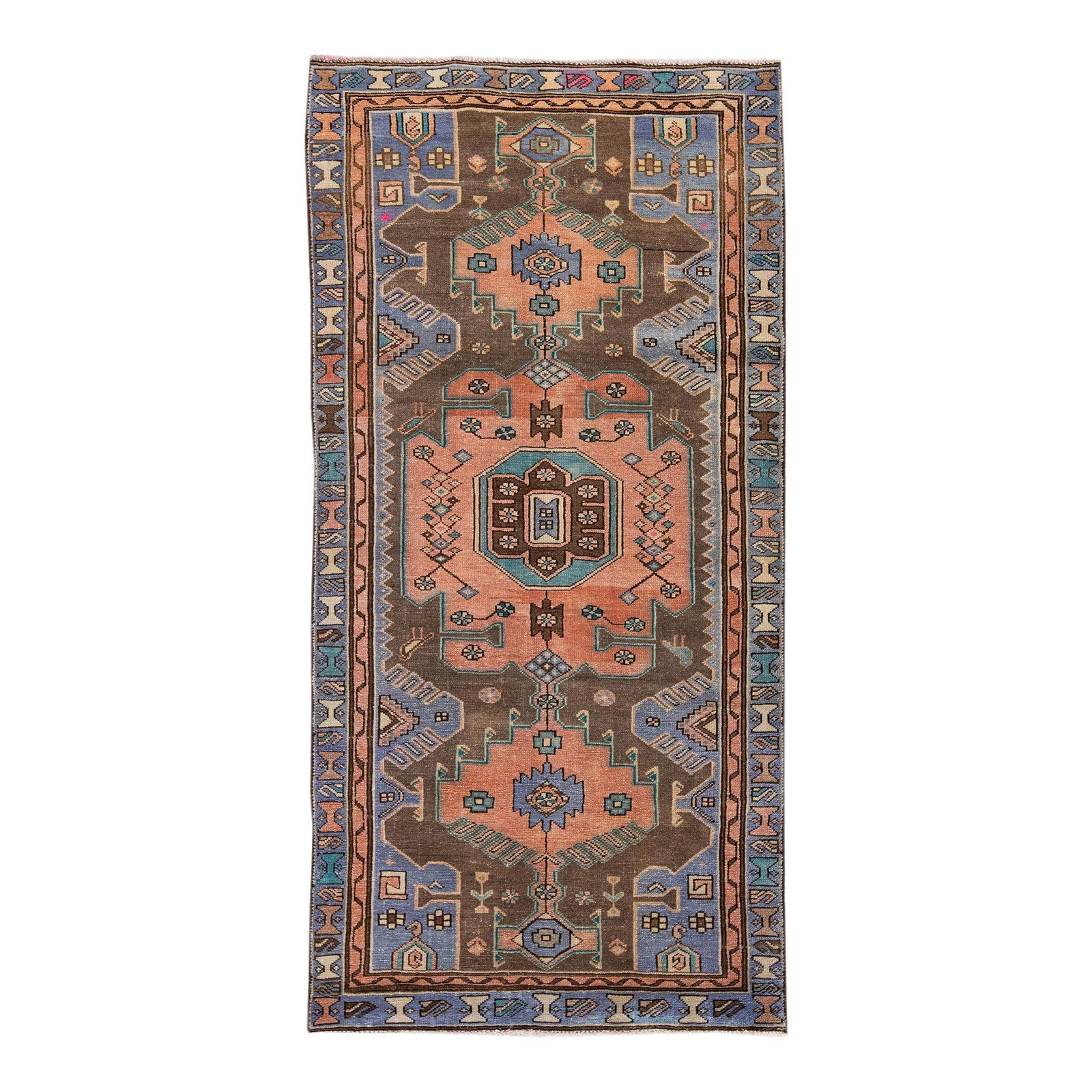 Vintage Persian Handmade Geometric Wool Rug 3'2 x 6'5: Vintage Persian Handmade Geometric Wool Rug 3'2 x 6'5 This exquisite vintage Persian rug showcases a stunning distressed hand-knotted design, featuring a rich brown color field adorned with navy blue 
