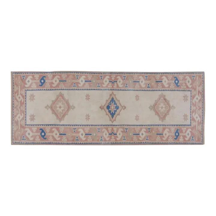 Rose Wool Hand-Knotted Anatolian Runner Rug 2'7" x 7': Rose Wool Hand-Knotted Anatolian Runner Rug 2'7" x 7' This vintage Turkish Anatolian rug is hand-knotted from wool using traditional rug-making techniques. Showcasing a rose color palette, it combines