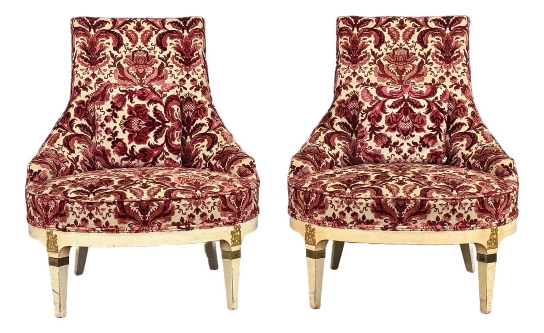 Vintage 1970s French Style Red Lounge Chairs with Brass Accents: Vintage 1970s French Style Red Lounge Chairs with Brass Accents Enhance your living space with this stunning pair of 1970s French style lounge chairs. Featuring a striking white frame adorned with vib