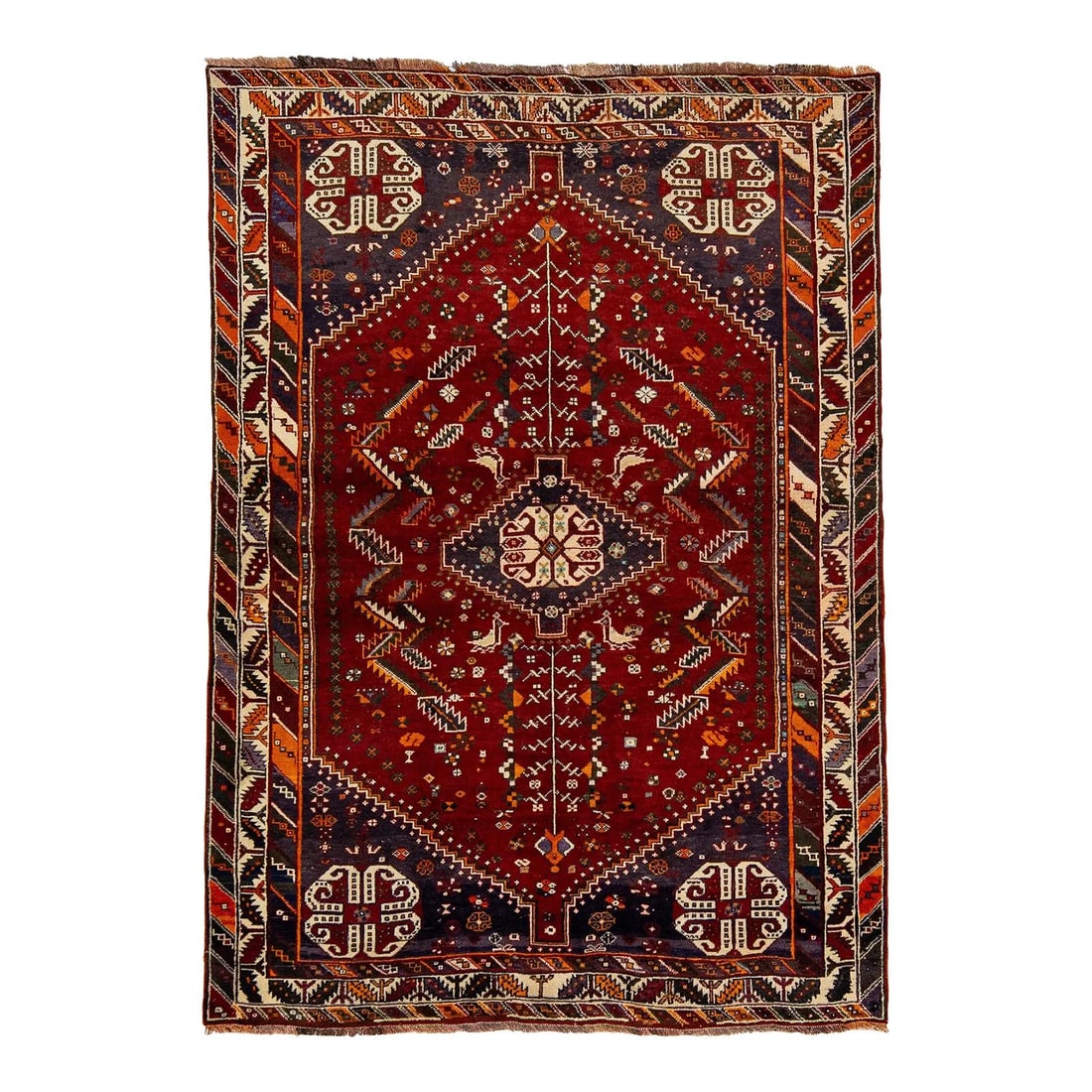 Vintage 1960s Persian Shiraz Wool Rug Red 5'5 x 7'9: Vintage 1960s Persian Shiraz Wool Rug Red 5'5 x 7'9 This exquisite vintage Shiraz rug features a stunning red field adorned with a vibrant array of multicolor accents throughout the intricate motif. H
