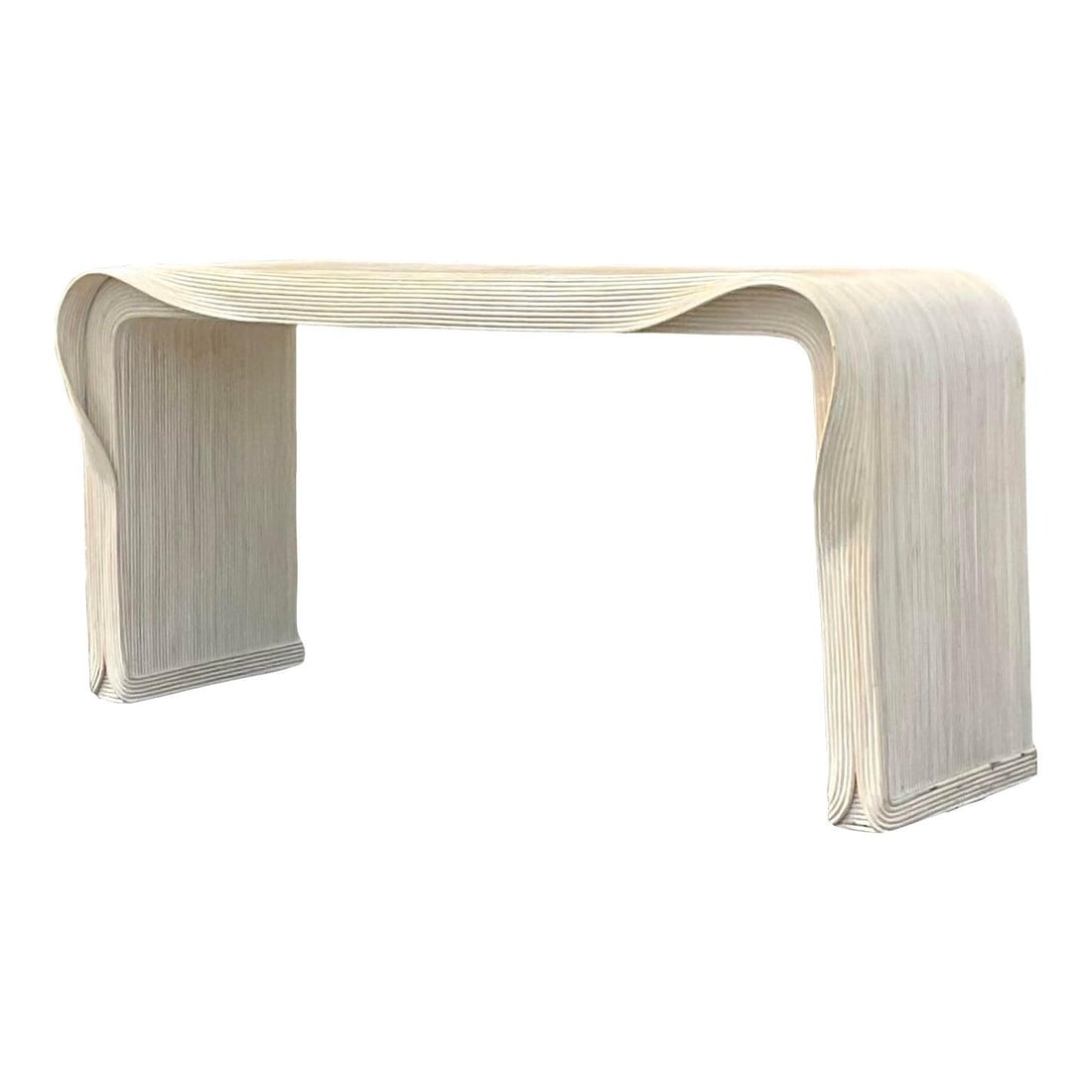 Vintage Coastal Console Table Pencil Reed Wave Style Betty Cobonpue: Vintage Coastal Console Table Pencil Reed Wave Style Betty Cobonpue Discover this fabulous vintage Coastal console table featuring a chic pencil reed frame finished in a cerused matte white. Designed 