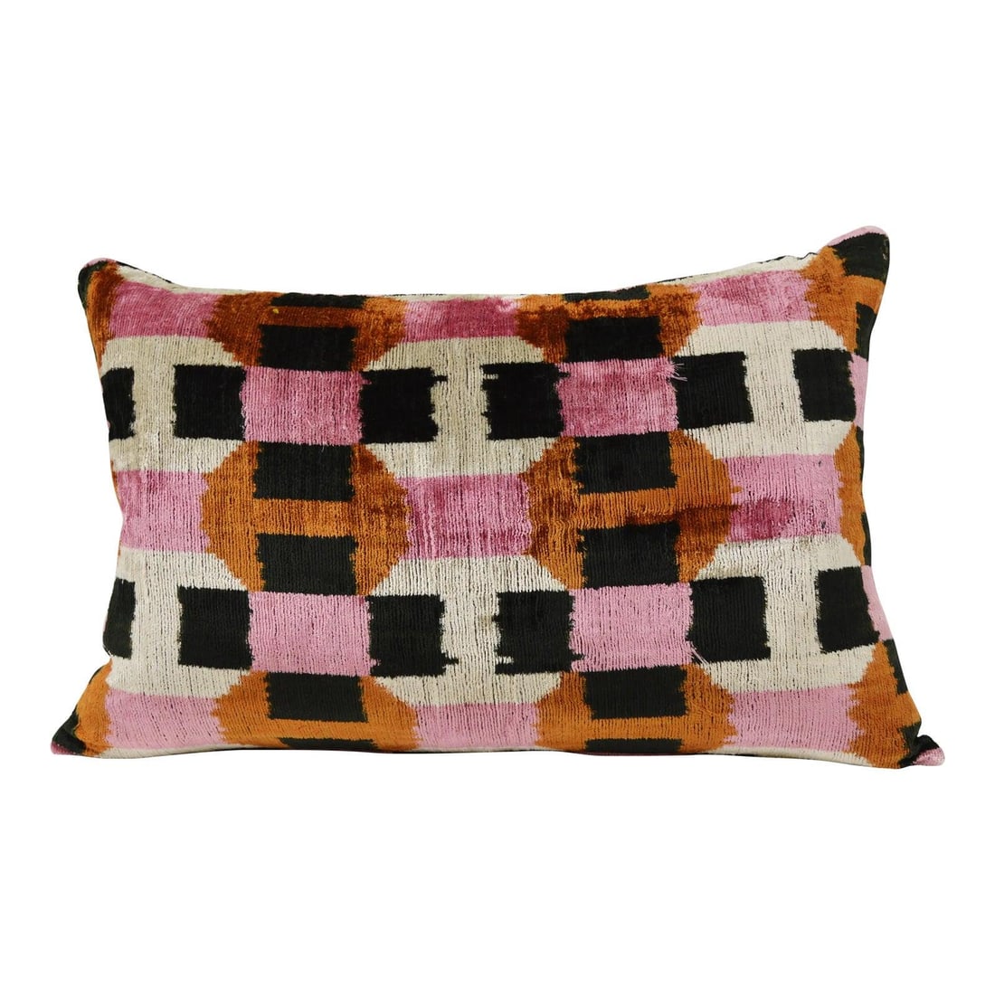 Uzbek Silk Ikat Velvet Decorative Pillow With Linen Back and Feather Insert: Uzbek Silk Ikat Velvet Decorative Pillow With Linen Back and Feather Insert This hand made Uzbek Ikat velvet pillow cushion features a natural linen backing and a hidden zipper. It comes with a 10/90 