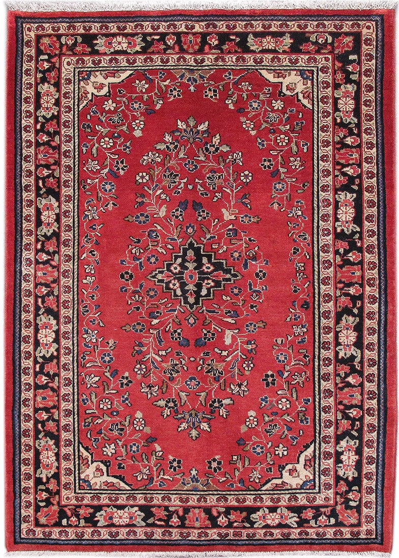 Handcrafted 4.3 x 6.11 Red Persian Hamadan Area Rug from Iran: Handcrafted 4.3 x 6.11 Red Persian Hamadan Area Rug from Iran Free continental US Shipping Elevate your living space with this exquisite handcrafted Red Persian Hamadan Rug, measuring 4' 3" x 6' 11". 