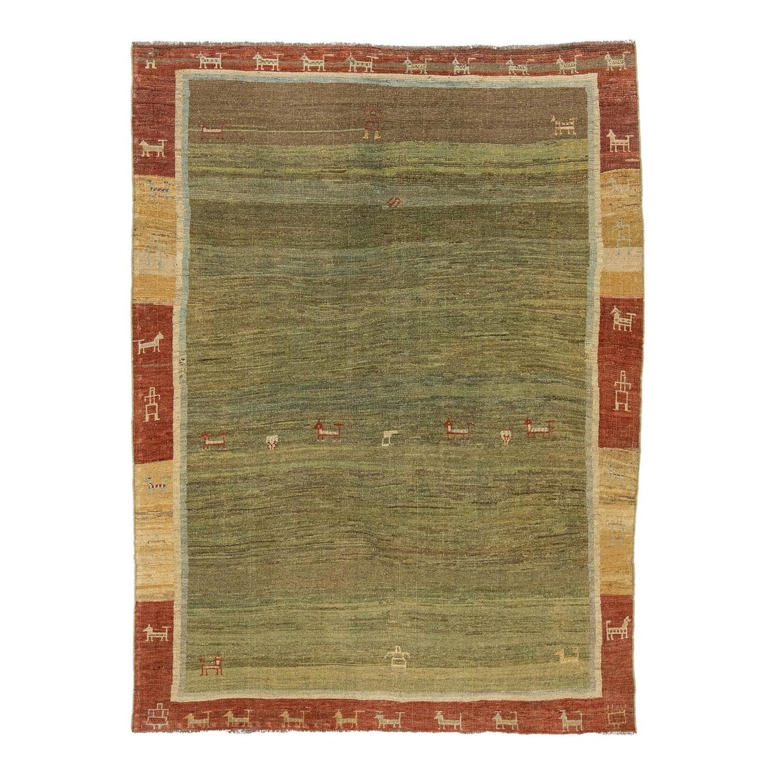 Hand Knotted Gabbeh Wool Rug 5'3 x 7'1 Earth Tone Motifs: Hand Knotted Gabbeh Wool Rug 5'3 x 7'1 Earth Tone Motifs This authentic hand-knotted Gabbeh wool rug showcases a moss and olive green field bordered by terracotta red and toasted saffron tones. Featur