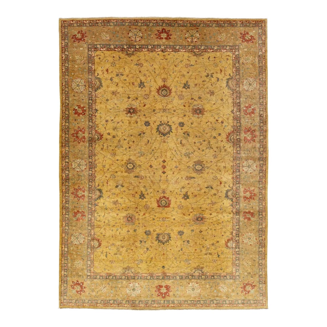 Goldenrod Paki Peshawar Handmade Wool Rug 10 x 14 Floral Design: Goldenrod Paki Peshawar Handmade Wool Rug 10 x 14 Floral Design This exquisite handmade Paki Peshawar wool rug features a stunning goldenrod field adorned with an intricate all-over floral design in s