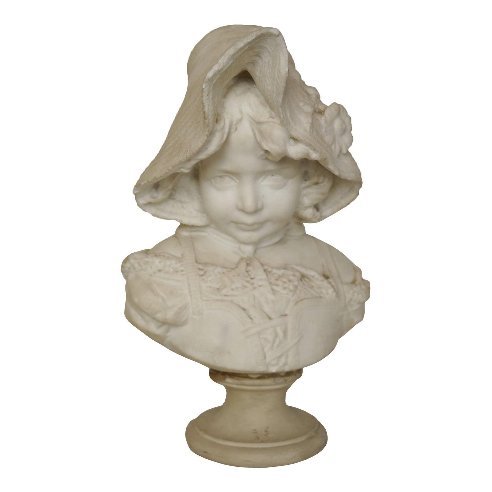 Hand-Carved Marble Girl Bust Signed F'lli Pugi Firenze 18 in: Hand-Carved Marble Girl Bust Signed F'lli Pugi Firenze 18 in An Italian late 19th century marble bust of a girl, signed F'lli Pugi, Firenze (Florence). The piece is hand-carved in a Romantic style and