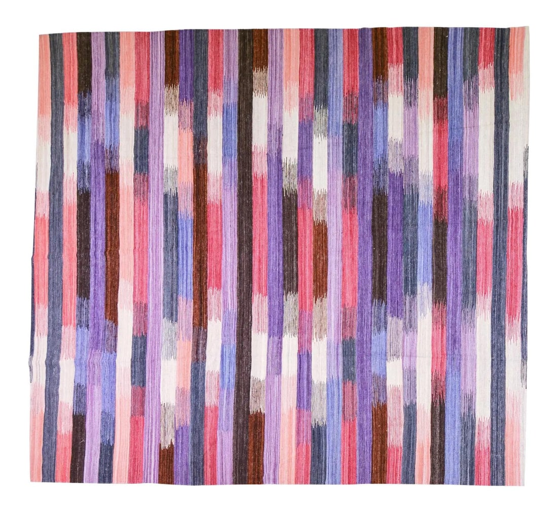 8'9 x 9'5 Mazandaran Tribal Kilim Rug Organic Wool Geometric Design: 8'9 x 9'5 Mazandaran Tribal Kilim Rug Organic Wool Geometric Design This vintage Mazandaran kilim is hand woven using organic wool and features natural colors with a geometric tribal pattern. The rug 