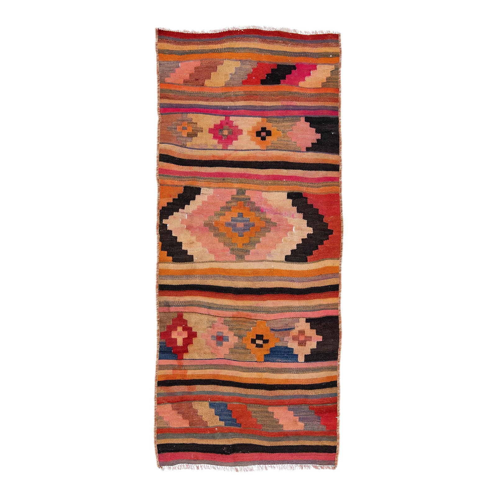 Vintage Turkish Kilim Peach Wool Rug 2'9 x 6'7 Handmade Tribal Design: Vintage Turkish Kilim Peach Wool Rug 2'9 x 6'7 Handmade Tribal Design This exquisite vintage Turkish Kilim rug showcases a vibrant peach field adorned with multicolor accents in a captivating all-over