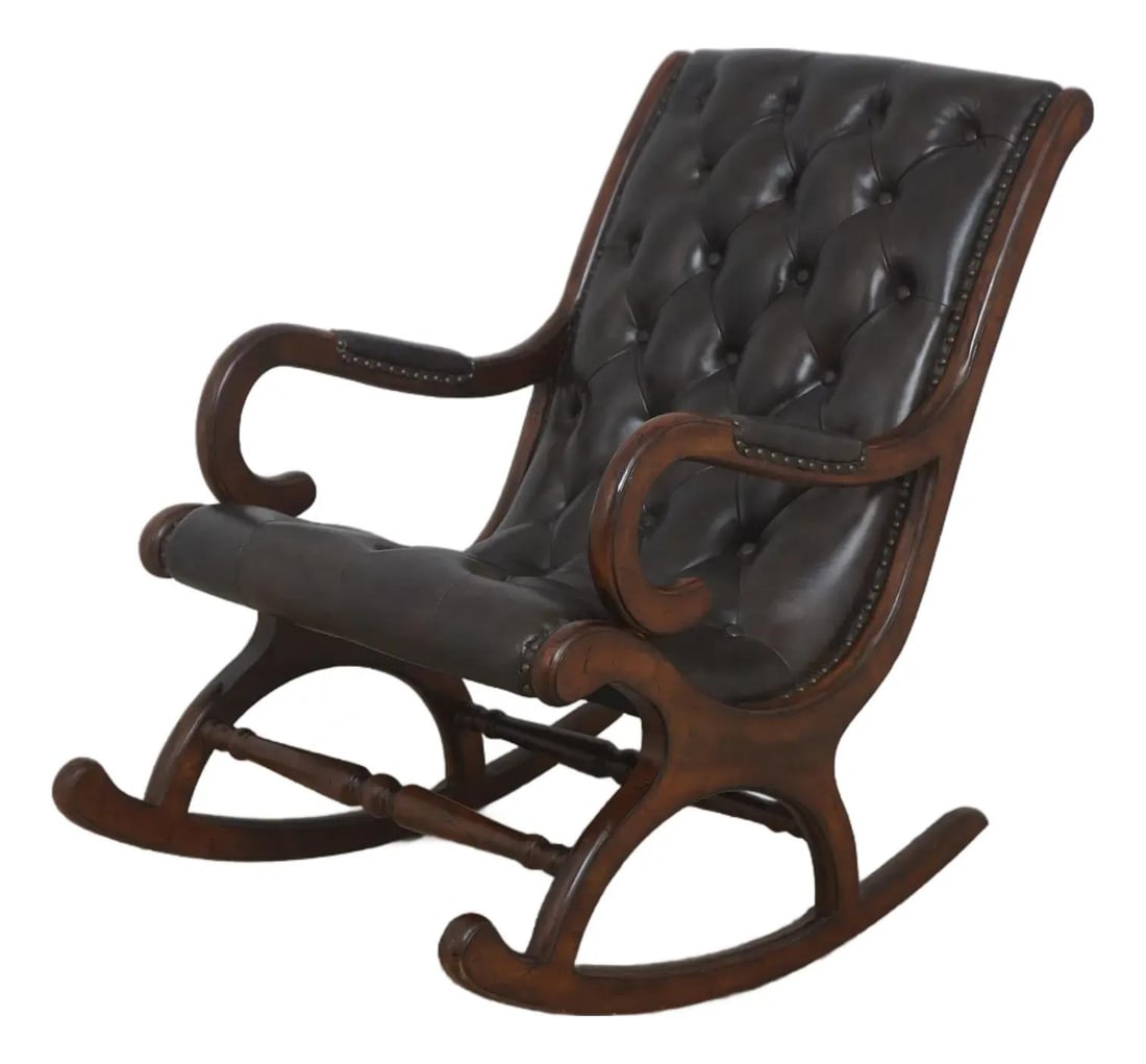 Mahogany Bentwood Leather Rocker with Tufted Back: Mahogany Bentwood Leather Rocker with Tufted Back Brown tufted leather rocking chair with mahogany high quality construction and a bentwood frame. Features nice tooled leather, a stretcher base frame,