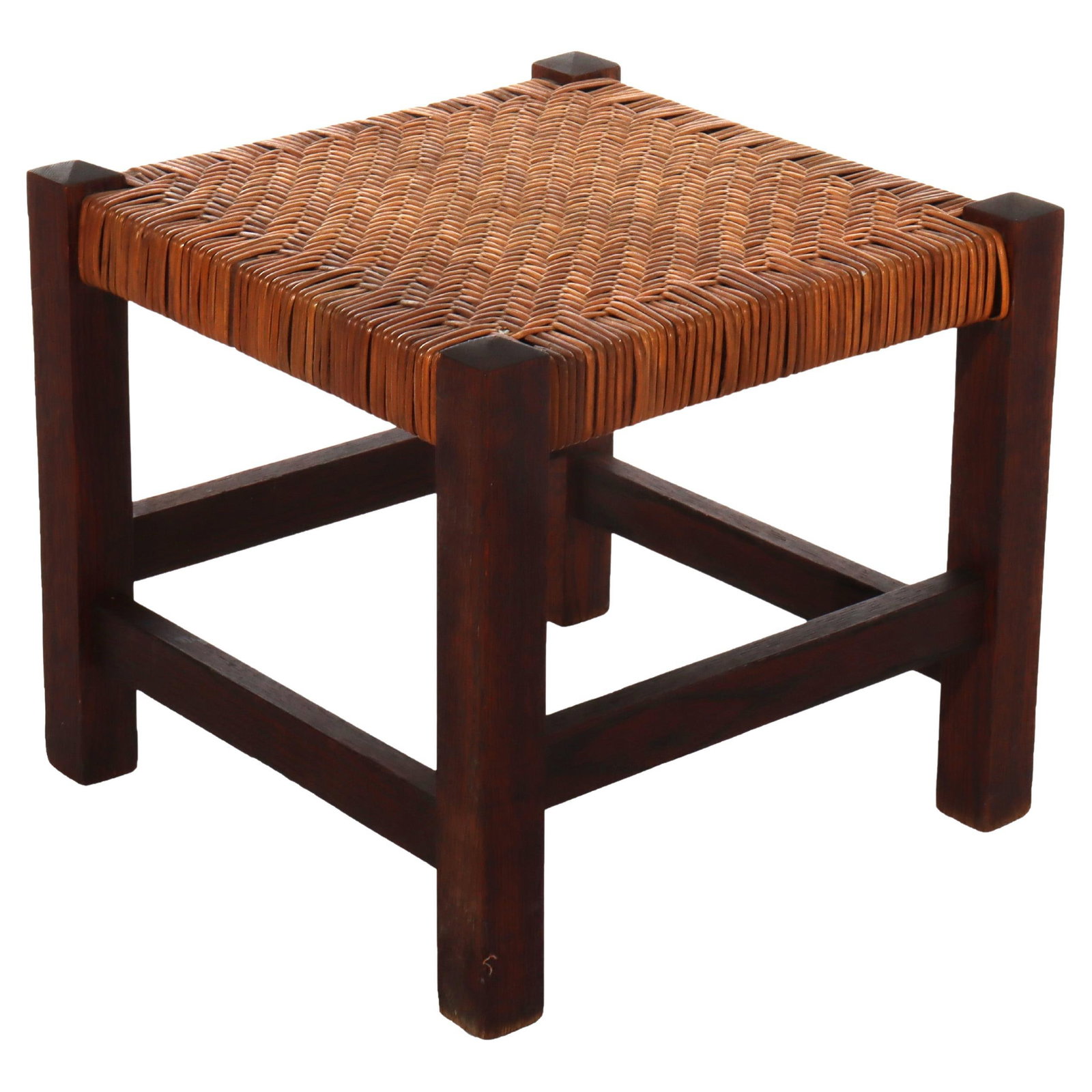 Stickley Arts & Crafts Mission Oak Footstool c1920 Splint Weave Design: Stickley Arts & Crafts Mission Oak Footstool c1920 Splint Weave Design This Antique Stickley Arts & Crafts Mission Oak Splint Weave Footstool, crafted around 1920, showcases a classic splint weave des