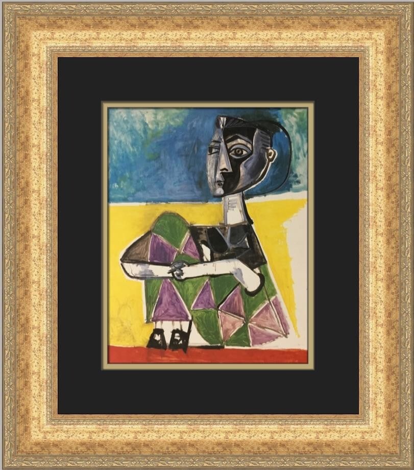 Pablo Picasso Jaqueline Sitting Custom Framed Print 18 x 17: Pablo Picasso Jaqueline Sitting Custom Framed Print 18 x 17 Experience the elegance of Pablo Picasso's "Jaqueline Sitting" with this custom framed print. This medium-sized artwork, produced in 1992, f