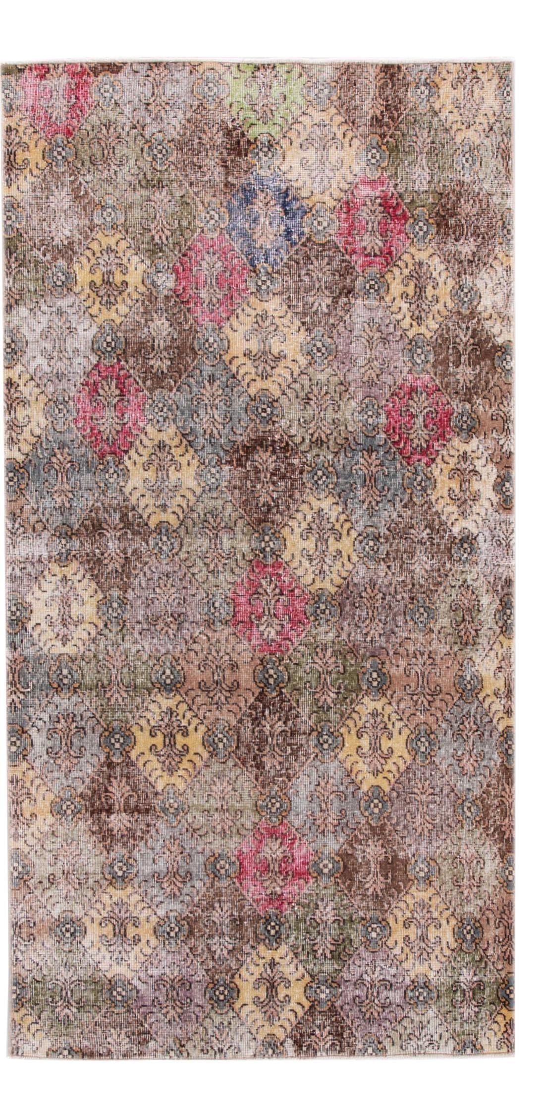 Vintage Turkish Handmade Wool Rug Multicolor Geometric Design 4'3 x 8'6: Vintage Turkish Handmade Wool Rug Multicolor Geometric Design 4'3 x 8'6 Discover the charm of this vintage Turkish hand-knotted wool rug, showcasing a stunning array of colors including brown, yellow,