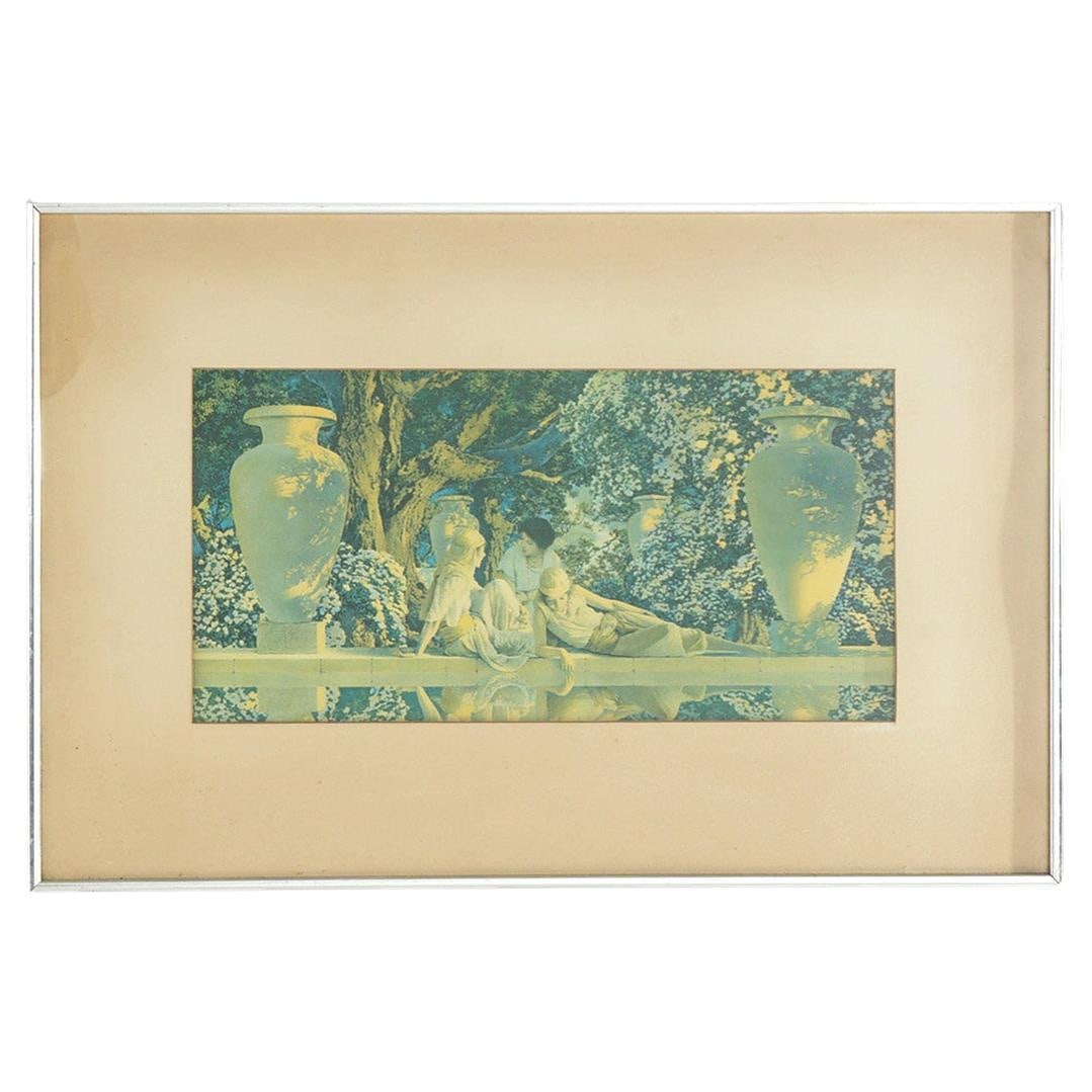 Framed Maxfield Parrish Garden Of Allah Paper Print c1920: Framed Maxfield Parrish Garden Of Allah Paper Print c1920 This vintage Art Deco print titled 'Garden Of Allah' by Maxfield Parrish, dating to around 1920, showcases a tranquil garden scene with classi