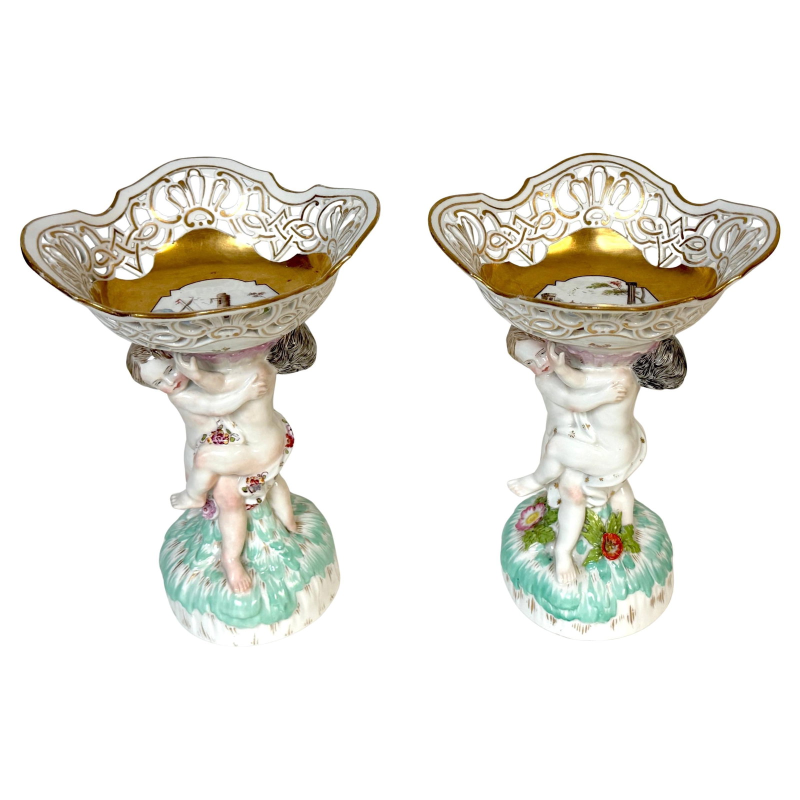 Set of 2 KPM Berlin Rococo Revival Figural Porcelain Tazza With Gilt Reticulated Bowls (1 of 18)