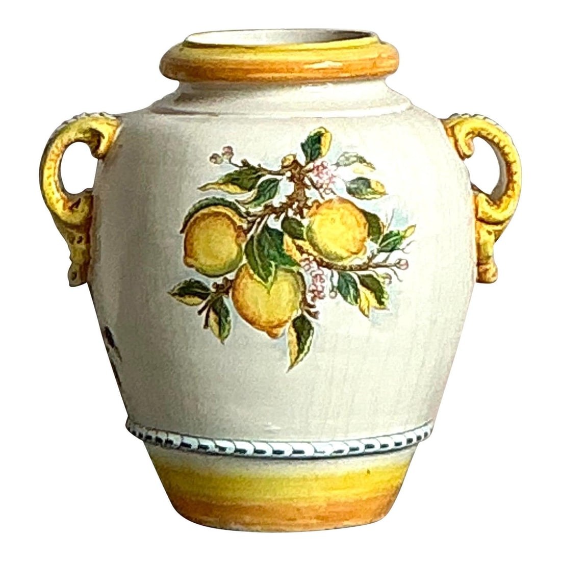 Hand-Painted Italian Ceramic Urn with Lemon and Blossom Motif 25 Inch: Hand-Painted Italian Ceramic Urn with Lemon and Blossom Motif 25 Inch This vintage Italian glazed ceramic lemon urn features a hand-painted design with vibrant lemons, green leaves, and delicate pink 