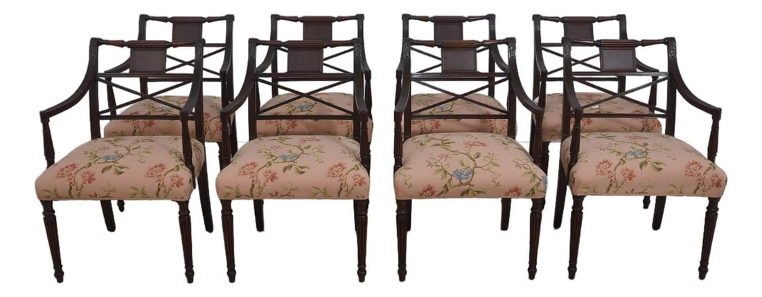8 Sheraton mahogany armchairs with burl walnut panels Set of 8: 8 Sheraton mahogany armchairs with burl walnut panels Set of 8 This set of 8 antique Sheraton armchairs dates from approximately 1890 to 1910 and features fine mahogany construction with burl walnut a
