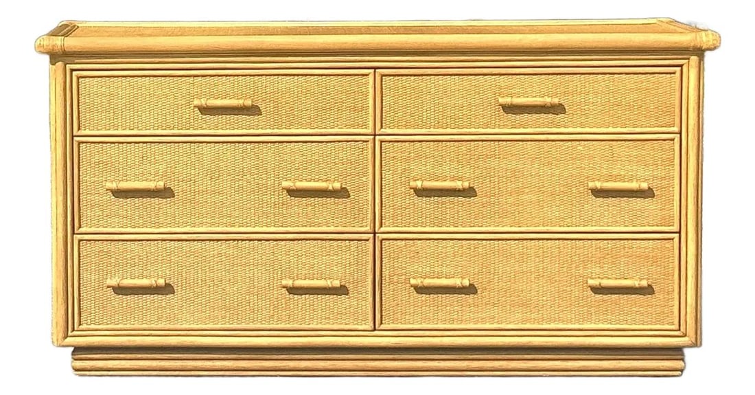 Vintage Coastal Woven Rattan Dresser with 6 Drawers: Vintage Coastal Woven Rattan Dresser with 6 Drawers Transform your living space with this Vintage Coastal Woven Rattan Dresser, a perfect blend of organic charm and functionality. Crafted with six spa