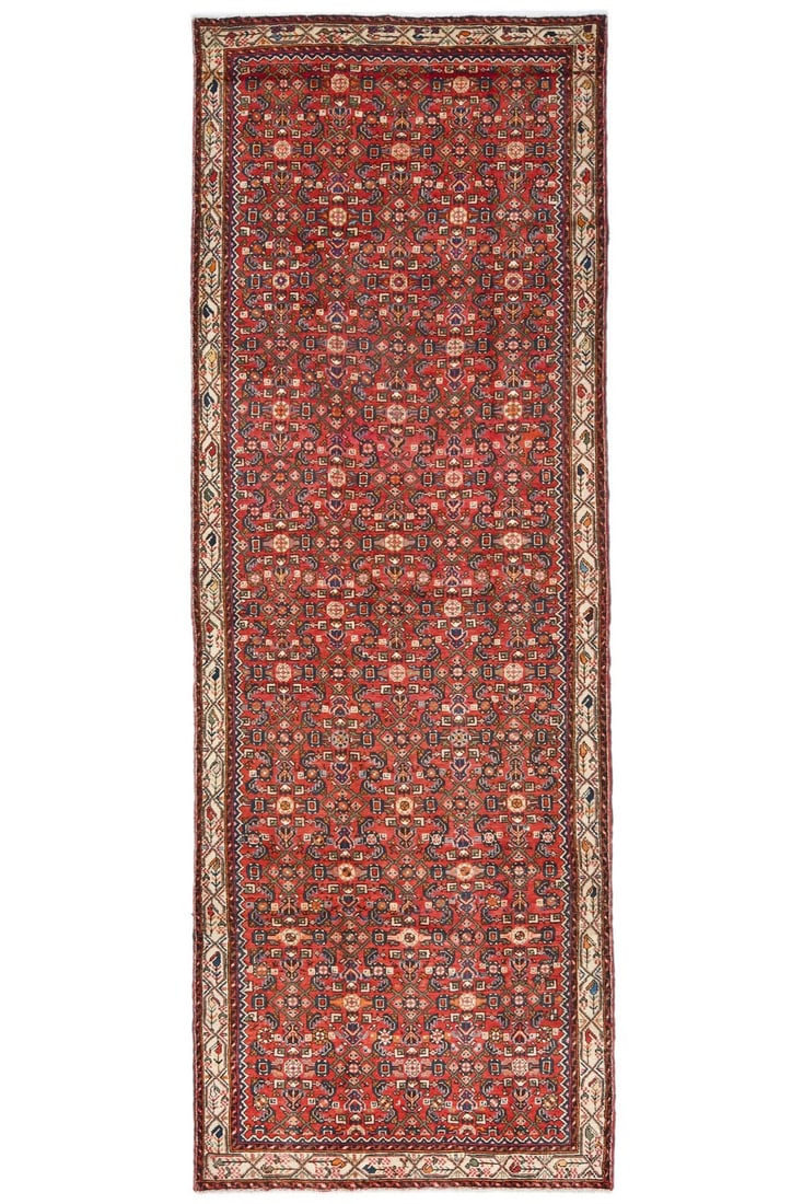 Hand Knotted Wool Vintage Tribal Floral Runner 4'9 X 13'4: Hand Knotted Wool Vintage Tribal Floral Runner 4'9 X 13'4 Enhance your space with this stunning handmade vintage tribal runner rug, perfect for wide hallways or kitchens. This unique piece features an