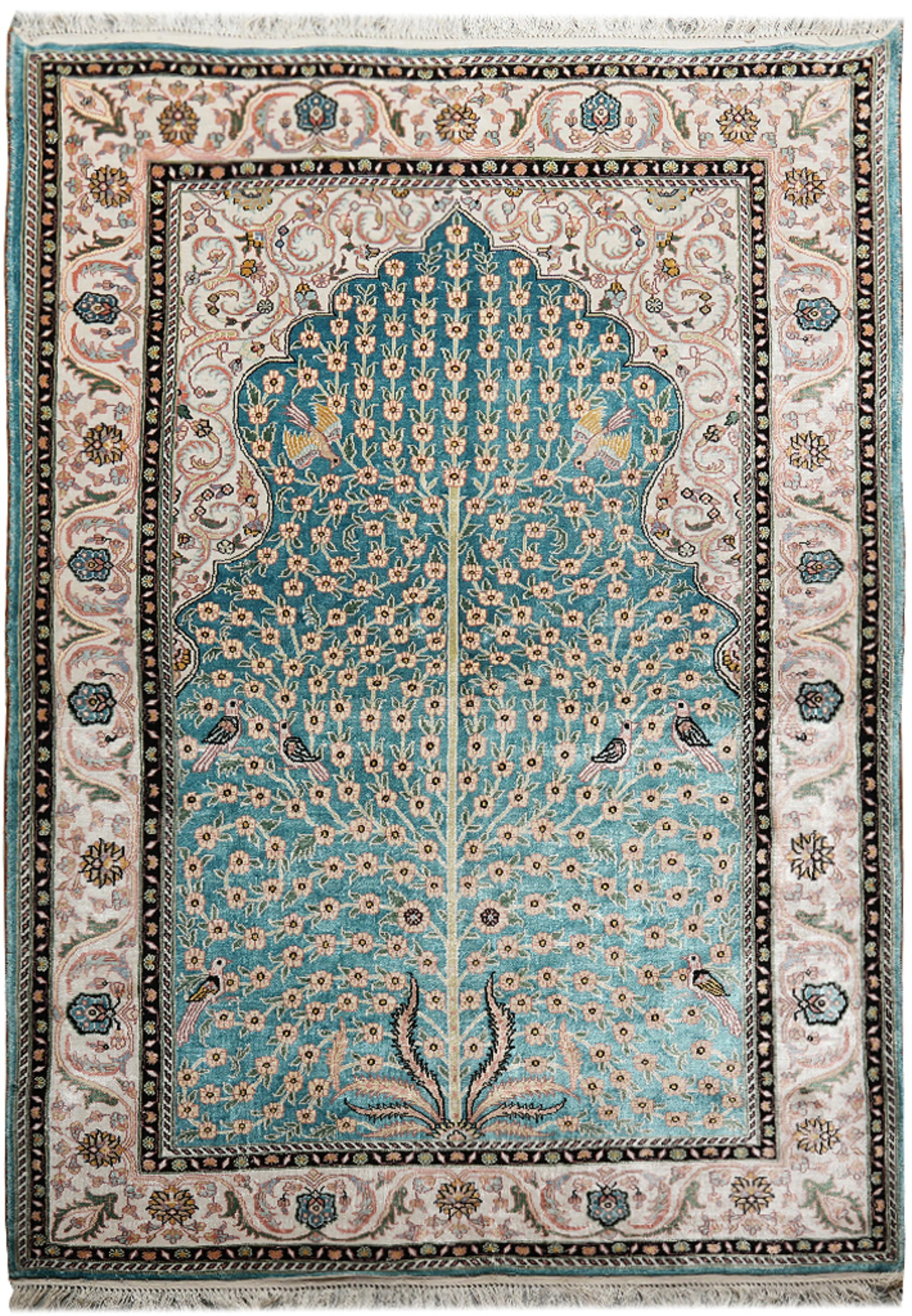 Hand-Knotted Turquoise Silk Prayer Rug 4 x 6 ft Islamic Motifs: Hand-Knotted Turquoise Silk Prayer Rug 4 x 6 ft Islamic Motifs Free continental US Shipping This hand-knotted turquoise silk prayer rug is crafted by skilled artisans using premium silk fibers. Featur