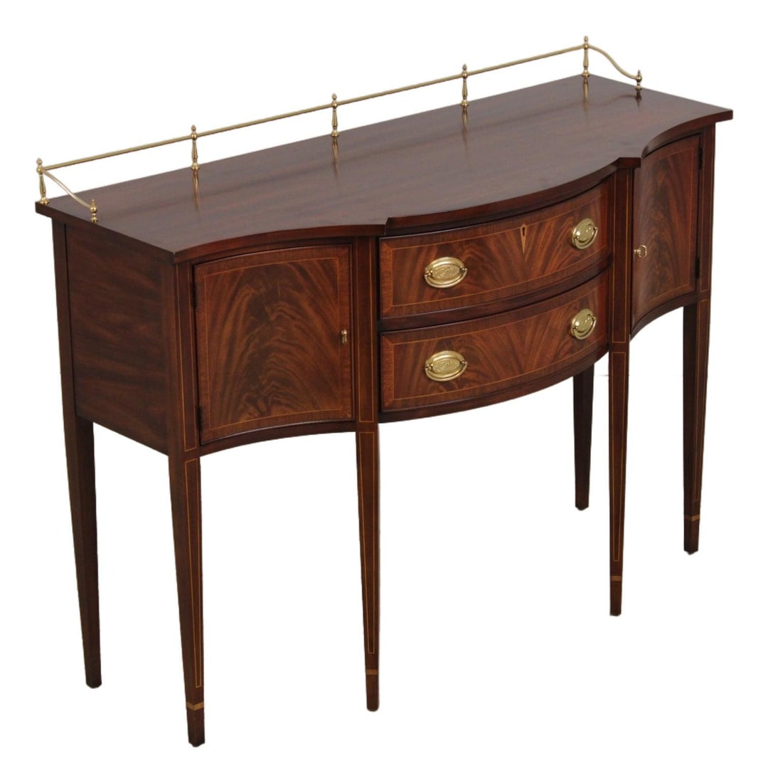 Federal Style Mahogany Sideboard with Brass Gallery and Inlay Model 2356A: Federal Style Mahogany Sideboard with Brass Gallery and Inlay Model 2356A This Henkel Harris sideboard showcases fine craftsmanship with high-quality mahogany and intricate inlay work in the Federal s