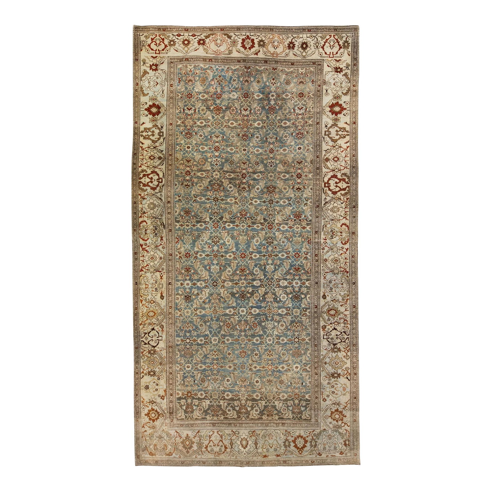 Antique Bidjar Handmade Wool Rug 6'9 x 13'6 Floral Design Gray: Antique Bidjar Handmade Wool Rug 6'9 x 13'6 Floral Design Gray This exquisite antique Bidjar rug showcases a hand-knotted wool construction, featuring a beautiful blue field adorned with intricate rus