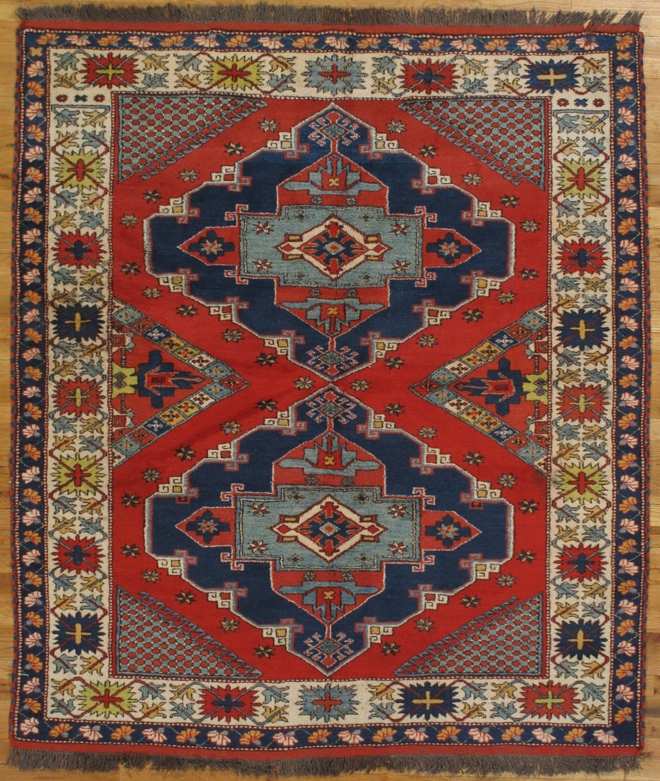 5.7 x 6.5 Hand Knotted Afghan Kazak Rug Wool on Wool: 5.7 x 6.5 Hand Knotted Afghan Kazak Rug Wool on Wool Free continental US Shipping This hand-knotted Afghan Kazak rug features a bold geometric tribal design with repeating medallion patterns and symbo