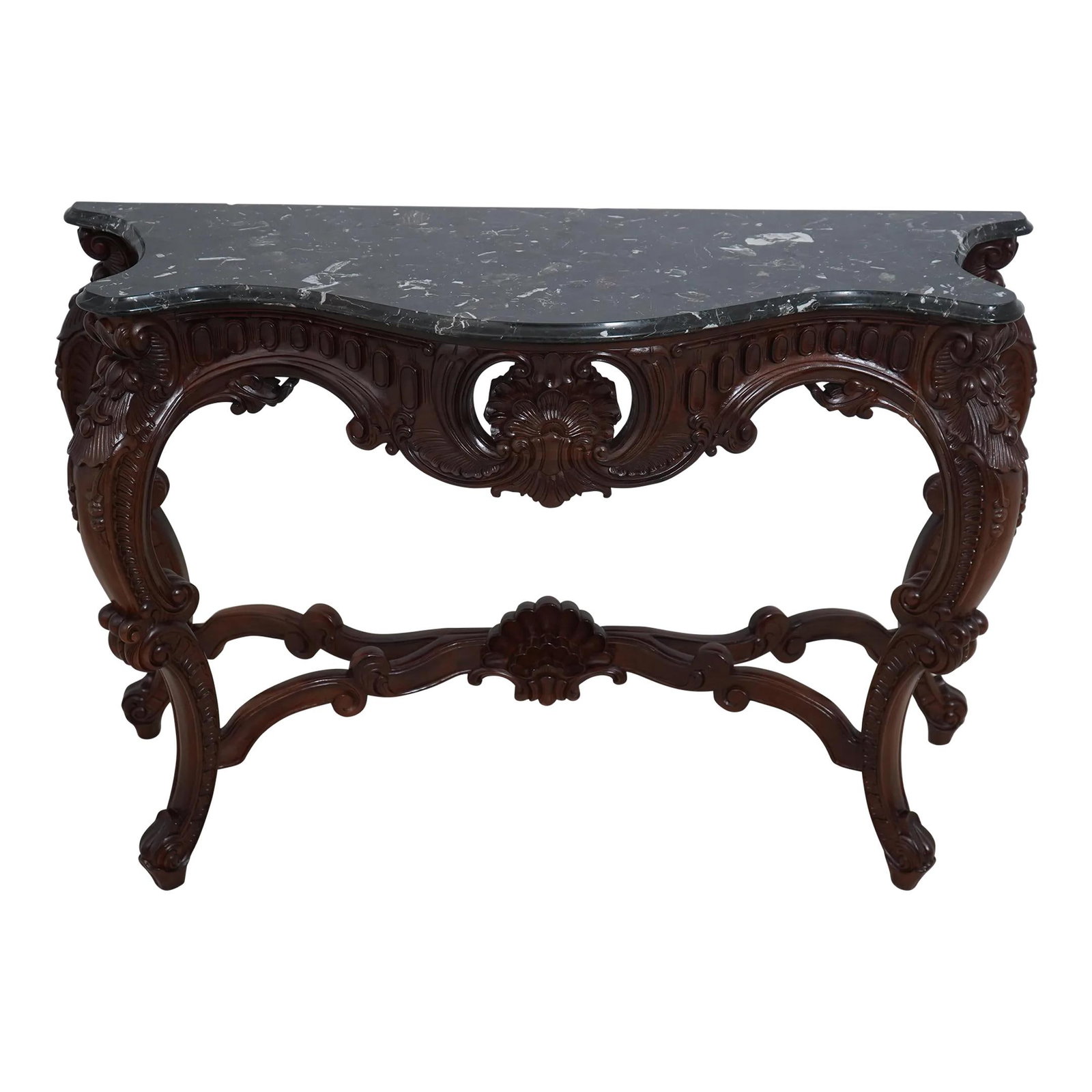 French Louis XV Style Cherry Console with Dark Green Marble Top: French Louis XV Style Cherry Console with Dark Green Marble Top This exquisite French Louis XV Style Carved Console features a stunning dark green marble top that beautifully complements its cherry fi