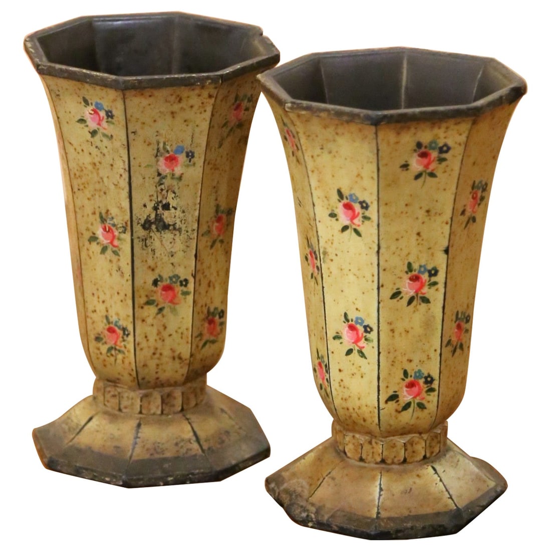 Set of 2 French composition flower vases hand-painted circa 1920: Set of 2 French composition flower vases hand-painted circa 1920 Pair of early 20th century French hand-painted composition flower vases, sold as a set of 2. Crafted in France circa 1920, these matchi