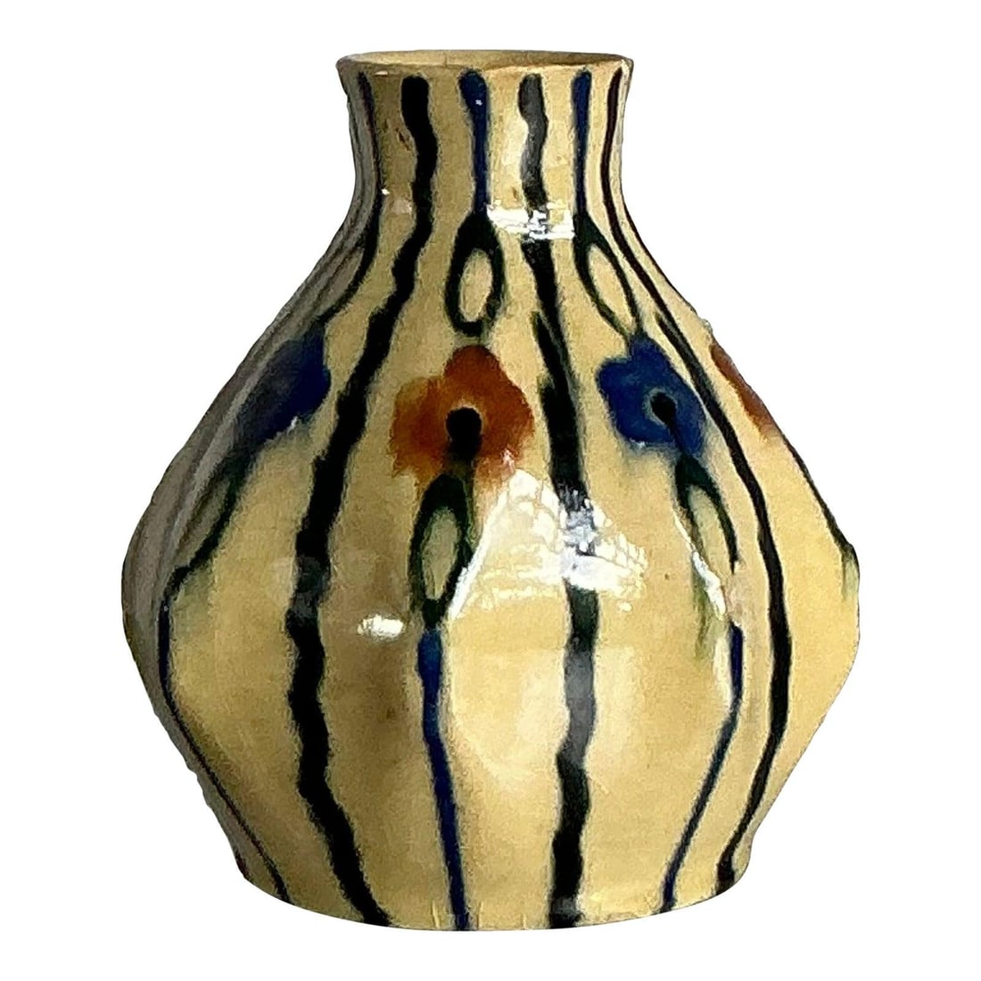 Midcentury Boho Chic Glazed Ceramic Vase With Hand Painted Floral Design: Midcentury Boho Chic Glazed Ceramic Vase With Hand Painted Floral Design This vintage Boho French glazed ceramic vase features a hand-painted design with vertical indigo stripes and vibrant orange and