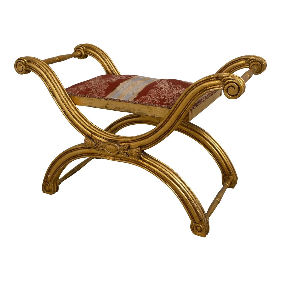 Elegant Vintage Gold Upholstered Bench French Louis XIV Style: Elegant Vintage Gold Upholstered Bench French Louis XIV Style This vintage upholstered seat bench showcases a stunning Gold X design, reflecting the elegance of French Louis XIV style. Crafted approxi