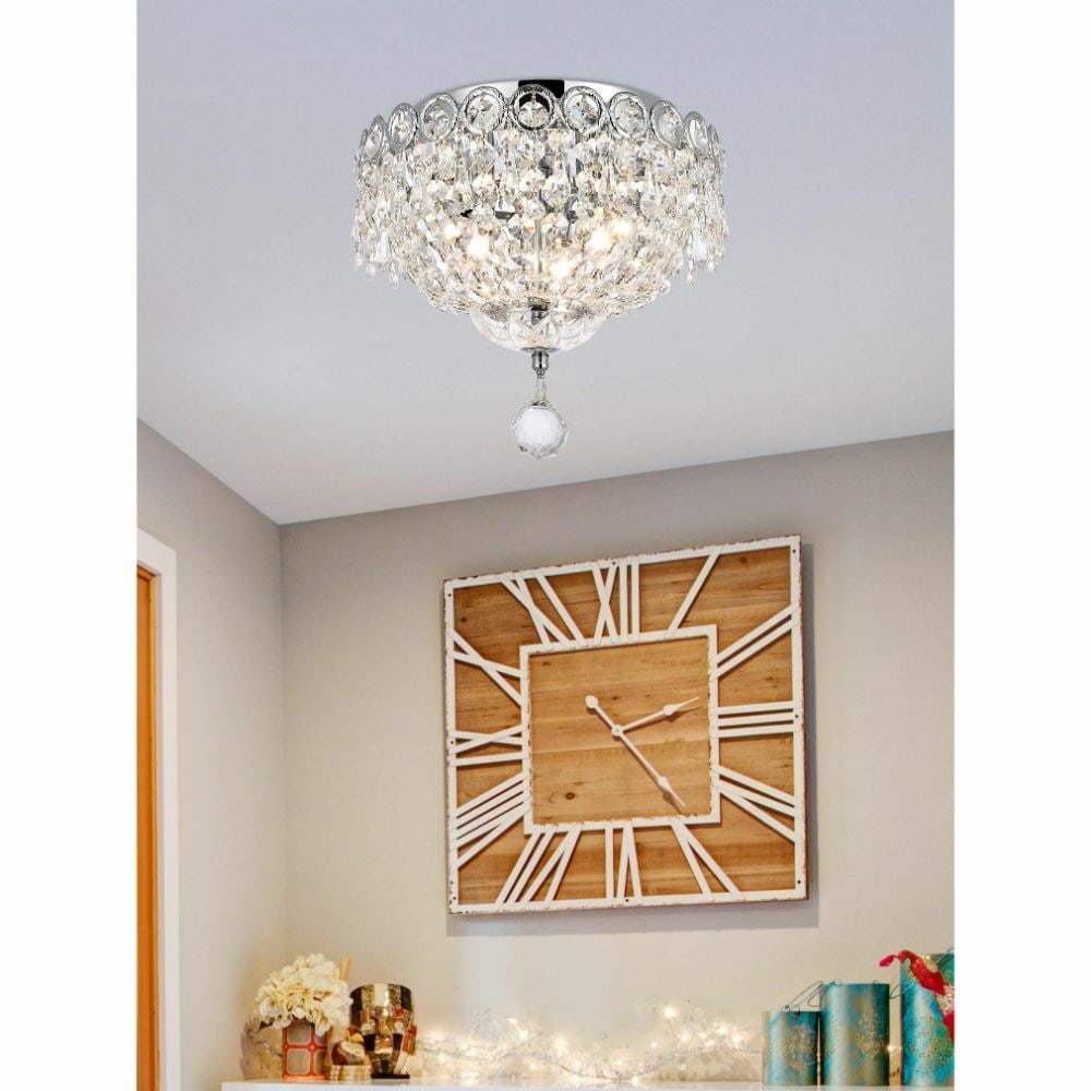 Century 3-Light Chrome Flush Mount Crystal Ceiling Fixture: Century 3-Light Chrome Flush Mount Crystal Ceiling Fixture This modern Empire style semi flush mount chandelier features a polished chrome finish and is adorned with high-quality Royal Cut crystals. D